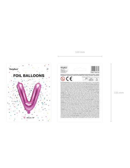 Balon foliowy Litera ''V'', 35cm, ciemny różowy