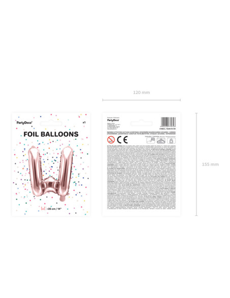 Balon foliowy Litera ''W'', 35cm, różowe złoto