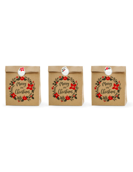 Torebki na prezenty Merry Little Christmas, kraft, 25x11x27cm (1 op. / 3 szt.)