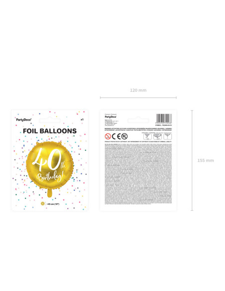 Balon foliowy 40th Birthday, złoty, 45cm