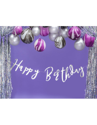 Baner Happy Birthday, srebrny, 16,5x62cm