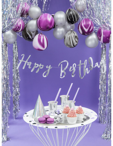 Baner Happy Birthday, srebrny, 16,5x62cm