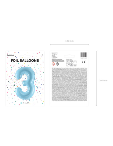 Balon foliowy Cyfra ''3'', 86cm, jasny niebieski