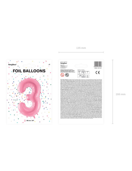 Balon foliowy Cyfra ''3'', 86cm, różowy