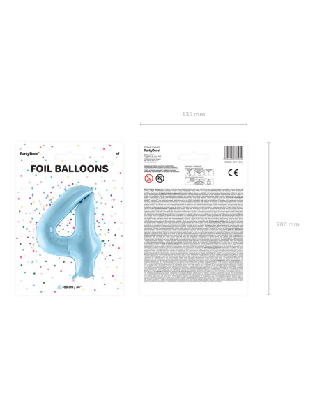 Balon foliowy Cyfra ''4'', 86cm, jasny niebieski