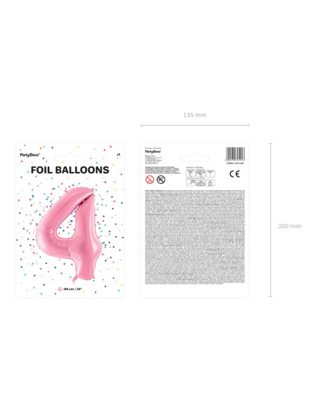 Balon foliowy Cyfra ''4'', 86cm, różowy