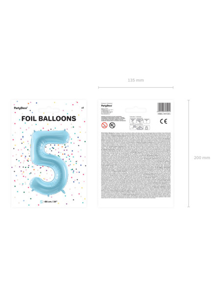 Balon foliowy Cyfra ''5'', 86cm, jasny niebieski