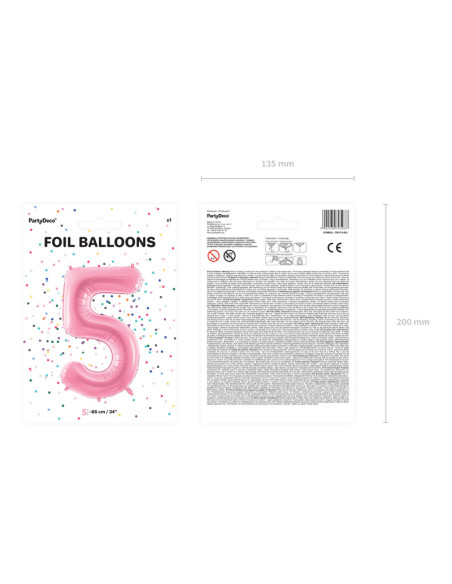 Balon foliowy Cyfra ''5'', 86cm, różowy
