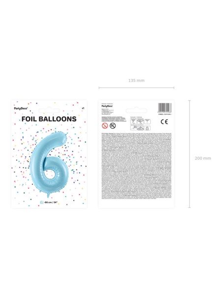 Balon foliowy Cyfra ''6'', 86cm, jasny niebieski