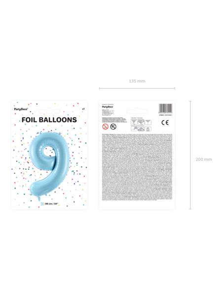 Balon foliowy Cyfra ''9'', 86cm, jasny niebieski