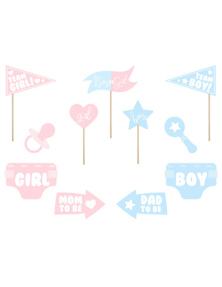 Gadżety do zdjęć Gender reveal party, mix (1 op. / 11 szt.)