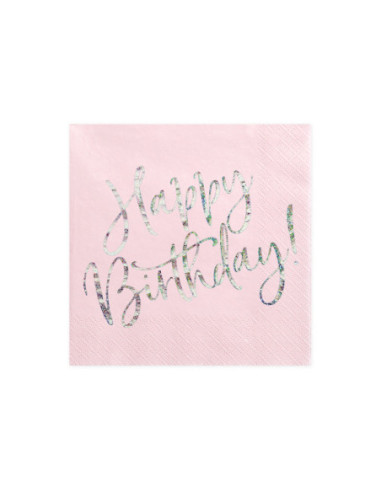Serwetki Happy Birthday, jasny pudrowy róż, 33x33cm (1 op. / 20 szt.)