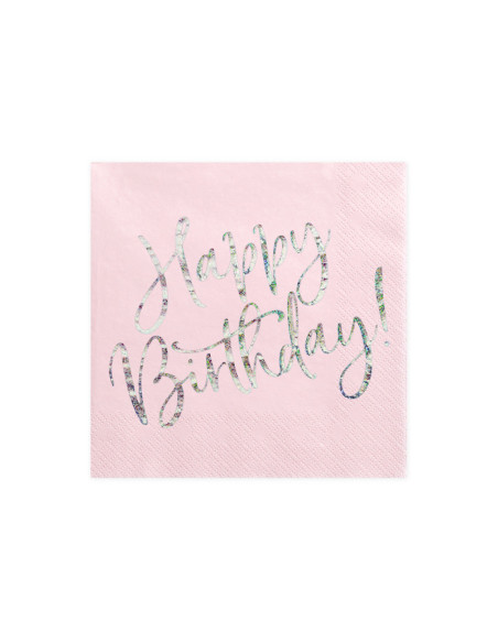 Serwetki Happy Birthday, jasny pudrowy róż, 33x33cm (1 op. / 20 szt.)
