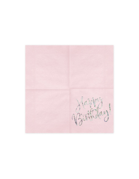Serwetki Happy Birthday, jasny pudrowy róż, 33x33cm (1 op. / 20 szt.)