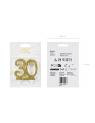 Świeczka urodzinowa liczba 30, złoty 7.5cm