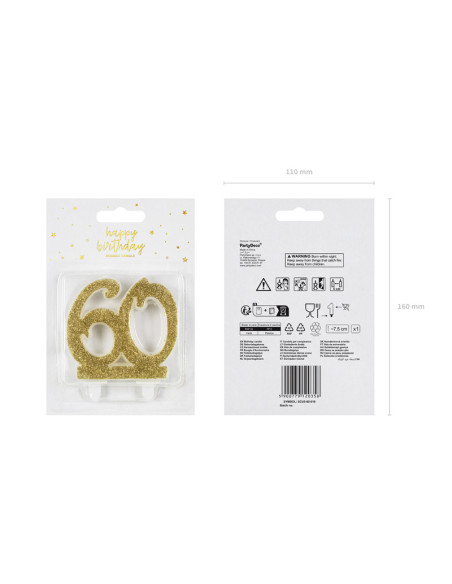 Świeczka urodzinowa liczba 60, złoty 7.5cm