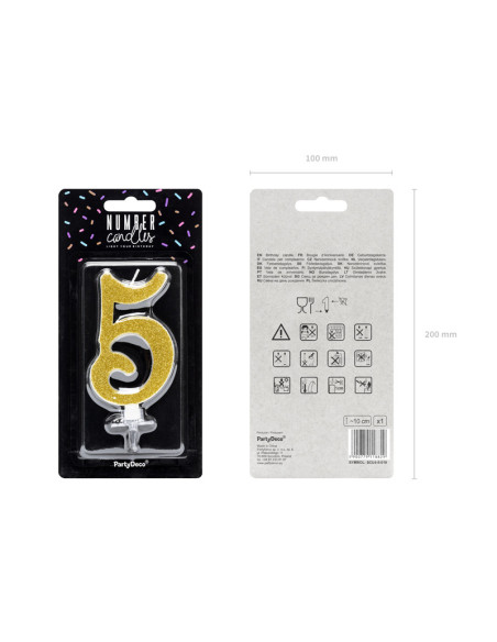 Świeczka urodzinowa Cyferka 5, złoty, 10cm